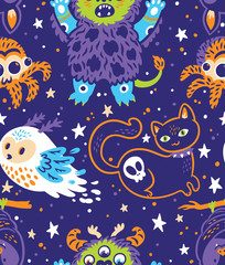 Happy halloween seamless background with cartoon animals. Vector illustration