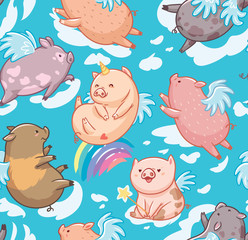 Fototapeta premium Seamless pattern with mini piggy in the clouds. Vector Illustration.