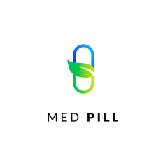 Flat line medicine icon  blue and green  emblem logo, web online concept. Sign of pill and leaf, pharmaceutical icon