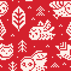 Red winter background with owls and trees in pixel style. Vector ornament