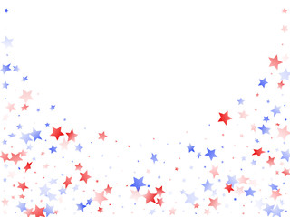 Flying red blue white star sparkles on white vector american patriotic background.