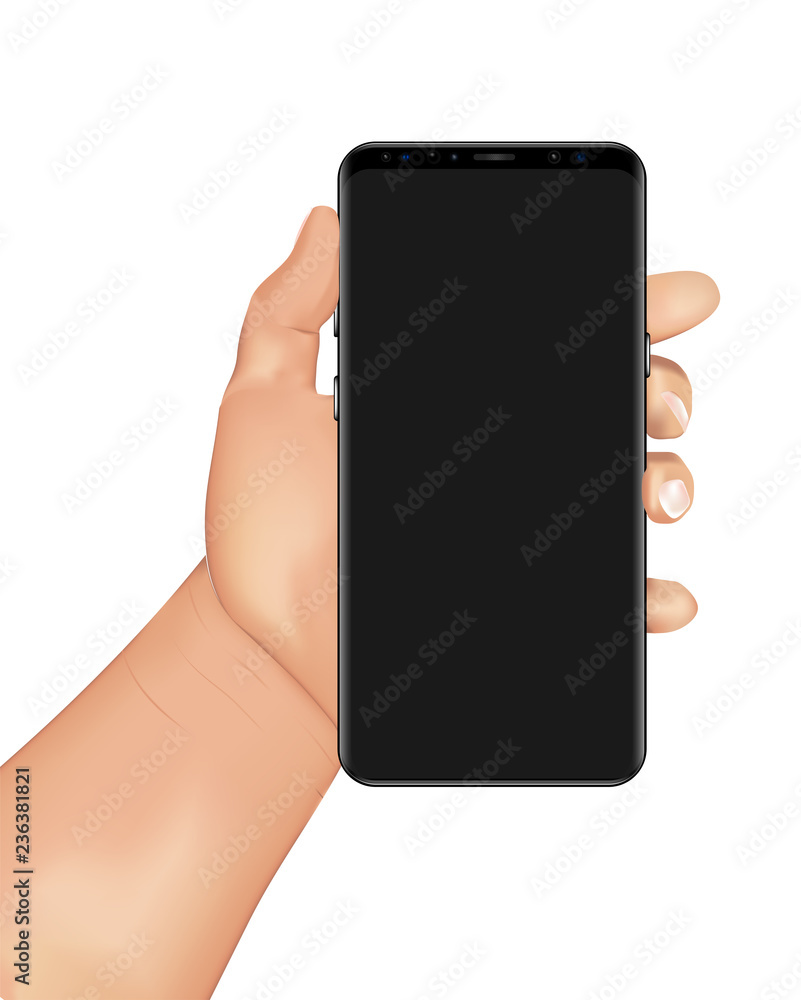 Poster human hand holds smartphone . vector template . mobile blank screen . realistic illustration . isola