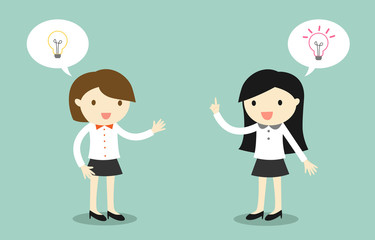 Business concept, two businesswomen talking about different ideas. Vector illustration.