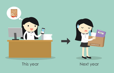 Business concept, businesswoman is unemployed because she didn't focus on her work. Vector illustration.