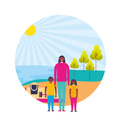 mother with son and daughter shore sand landscape