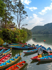 Fototapeta premium Boats at Feva (Pheva) lake in Pokhara,Nepal