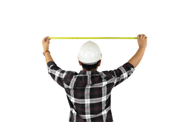 Builder measuring size with tape meter isolated on white backgroun.