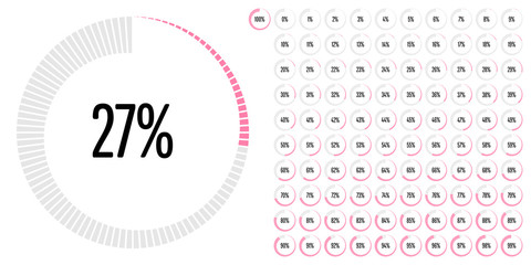 Set of circle percentage diagrams (meters) from 0 to 100 ready-to-use for web design, user interface (UI) or infographic - indicator with pink