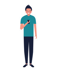 man using cellphone device white background