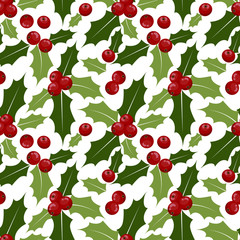 Seamless pattern of holly berries with leaves on white background. Vector illustration for Christmas holidays.