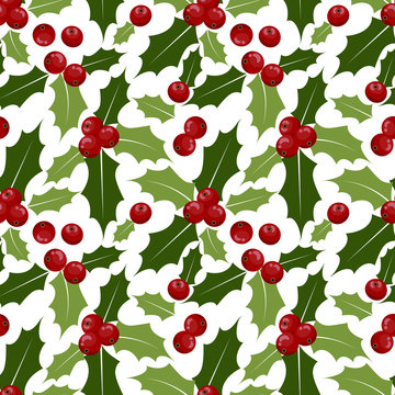 Christmas holly leaves and berries ornate seamless pattern.