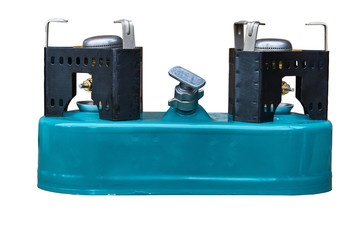 Small portable primus with two burners on white background