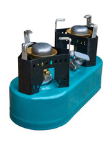 Small portable primus with two burners on white background