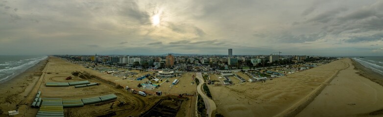 Aerial panorama of popular Adriatic beach of Rimini in Emilia Romagna Italy