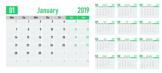 Calendar planner 2019 template vector illustration all 12 months week starts on Monday and indicate weekends on Saturday and Sunday