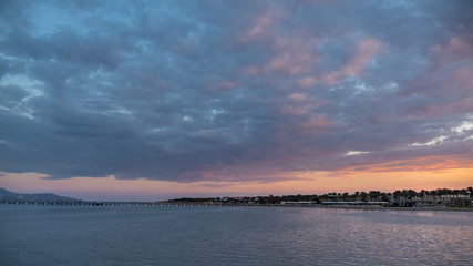 sunset on the red sea, pier, mounts