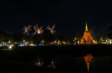 Beautiful Firework Reflection Over Old Pagoda Loy Krathong Festival Sukhothai Thailand Amazing Historic Town