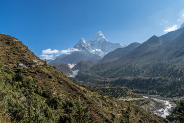 Panoramic beautiful view of mount Ama Dablam with beautiful sky on the way to Everest base camp, Khumbu valley, Sagarmatha national park, Everest area, Nepal