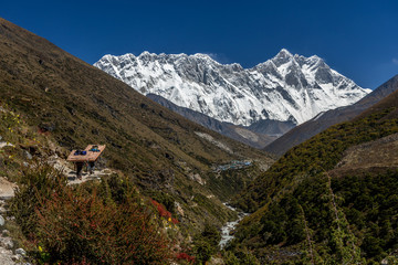 Panoramic beautiful view of mount Ama Dablam with beautiful sky on the way to Everest base camp, Khumbu valley, Sagarmatha national park, Everest area, Nepal
