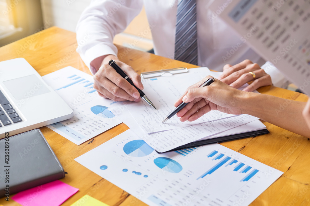 Poster business team data analyzing income charts document during discussion explain strategy meeting. on s