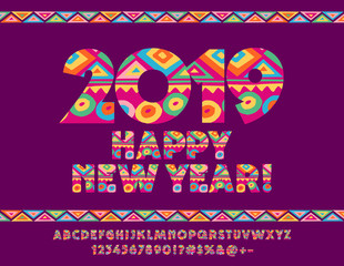 Vector colorful pattern Greeting Card Happy New Year 2019. Exclusive Alphabet Letters, Numbers and Symbols for Children. Bright original Font.