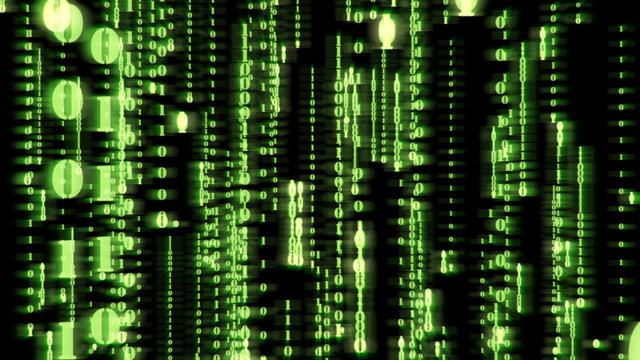 Motion Graphic of random green particle binary digit number falling down with matrix effect over animated background, analysis data and computer concept