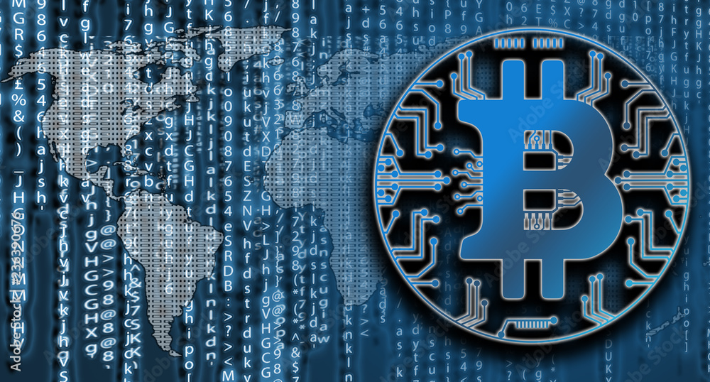 Aufkleber bitcoin on matrix code background with world map. criyptpcurency concept