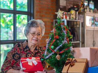 Obraz na płótnie Canvas Senior asian woman holding gift box and sitting near a christmas tree at home.