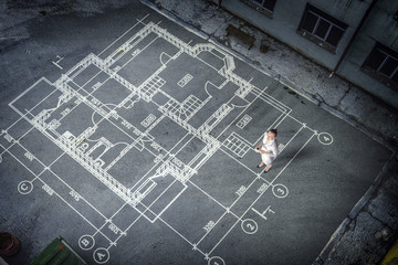 Woman engineer thinking over his plan. Mixed media