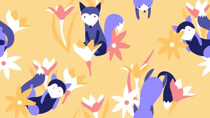 Fotobehang Animal seamless pattern, hand drawn cute foxes with flowers and leaves, purple,yellow and red tones © momosama