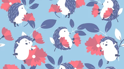 Gordijnen Animal seamless pattern, hand drawn cute hedgehogs with flowers and leaves, blue, white and red tones © momosama