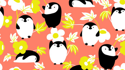 Animal seamless pattern, hand drawn cute penguins with flowers and leaves, yellow, white, orange and black tones