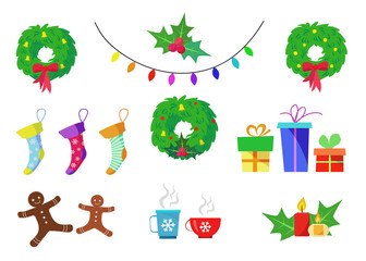Set of xmas vector design elements isolated on white background. Great for Christmas and New year decorations, cards, blogs or any your project. Include Christmas wreath,candles, socks,presents,cookie