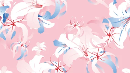 Fototapeten Floral seamless pattern, hand drawn lily flowers on pink background, pink, white and blue tones © momosama