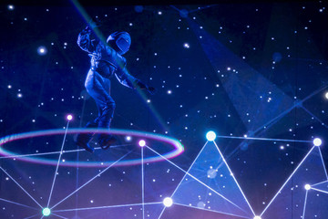 Astronaut floating above clou Astronaut in outer space over of the planet Earth. Blue light on background.