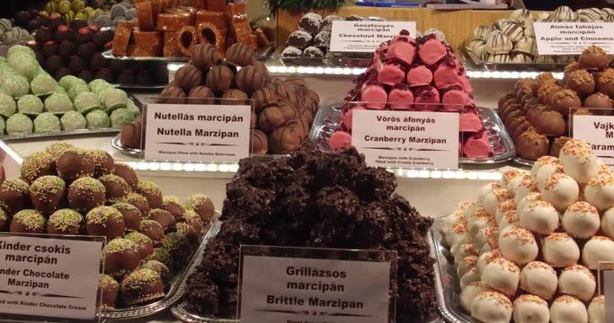 Different flavored marzipan sweets on the Budapest Christmas Fair and Winter Festival at the V&radic;&part;r&radic;&part;smarty Square.