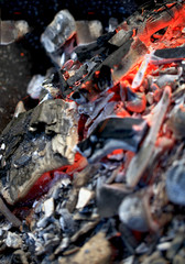 burning coals in the barbecue on a blurred background, the texture of the flame