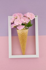 Floral card in pastel colors.Flower ice cream. Pink roses in a waffle cup in a white frame on the combined pink purple background.Mother's Day, March 8th  card