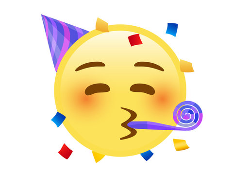 Yellow kissing mouth icon with red cheek face, party hat, confetti
