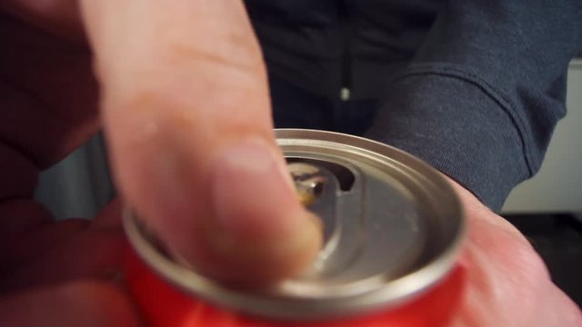 POV Close up of cola can man opens and pours cola in a glass sound