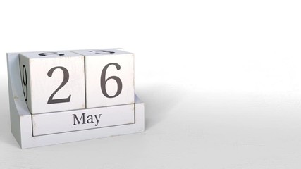 May 26 date on wooden blocks calendar. 3D animation