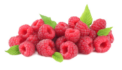 ripe raspberries with green leaf isolated on white background macro