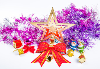 Christmas metal five-pointed star, red bow tie, red snare and ribbon