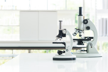 Microscope with metal lens for research and medical equipment in laboratory