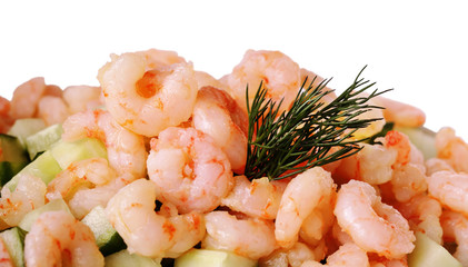 Shrimp salad in the cooking process on white