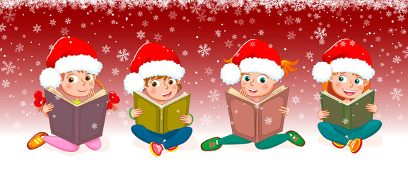 Kids with books for Christmas. Little girls read books