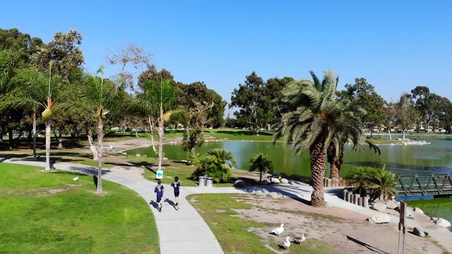Fly in/dolly behind igh school cross country runners at lake at Mason Regional Park in Irvine, CA shot by aerial 4k drone.
