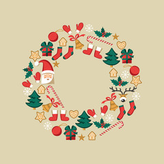 Symbols of Christmas on a gray background. Christmas wreath. Flat illustrations for design.