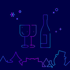 Alcohol, Wine, Festive Dinner Vector Line Icon. Christmas and New Year Gradient Symbol, Pictogram, Sign. Dark Blue Background. Light Abstract Geometric Background. Related Bottom Border