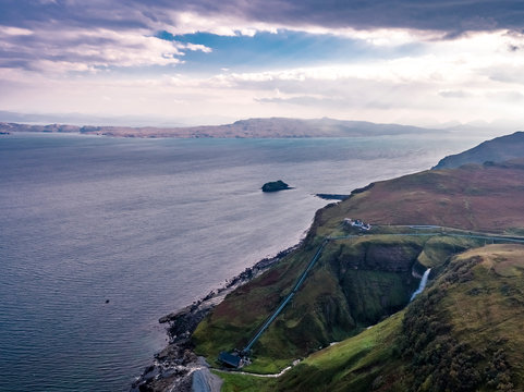 Aerial view of the very steep sea cliffs at Bearreraig Bay - Isle of Skye , Scotland